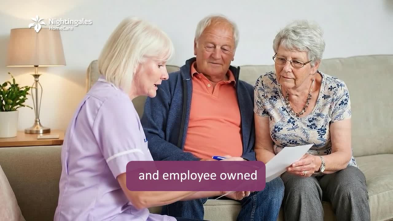 A caregiver talking with an older couple in a brand storytelling video