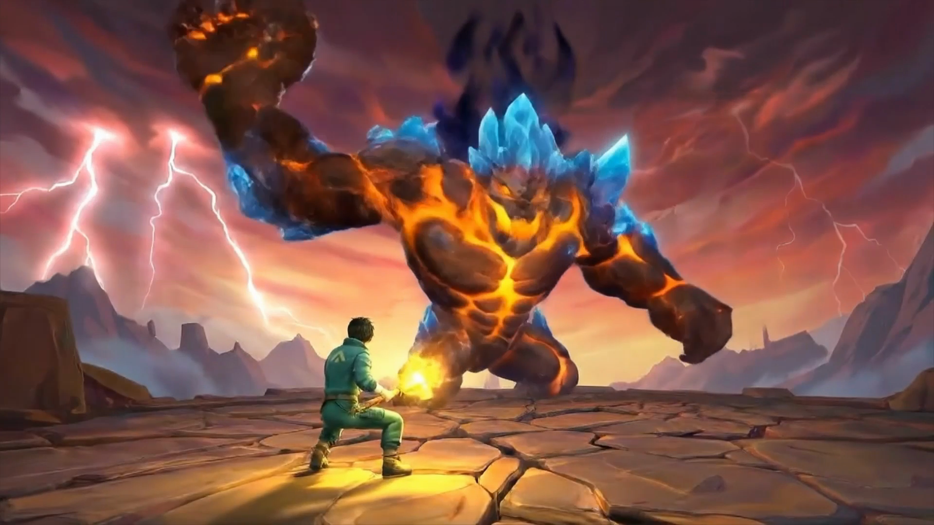 A cinematic fantasy scene with a hero facing a fiery crystal-armoured giant under lightning